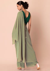 Green Printed Palazzo Set with Attached Dupatta &amp; Contrast Blouse INDYA
