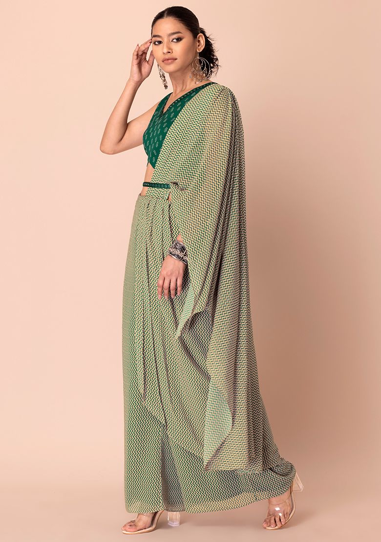 Green Printed Palazzo Set with Attached Dupatta &amp; Contrast Blouse INDYA