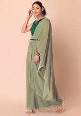 Green Printed Palazzo Set with Attached Dupatta &amp; Contrast Blouse INDYA