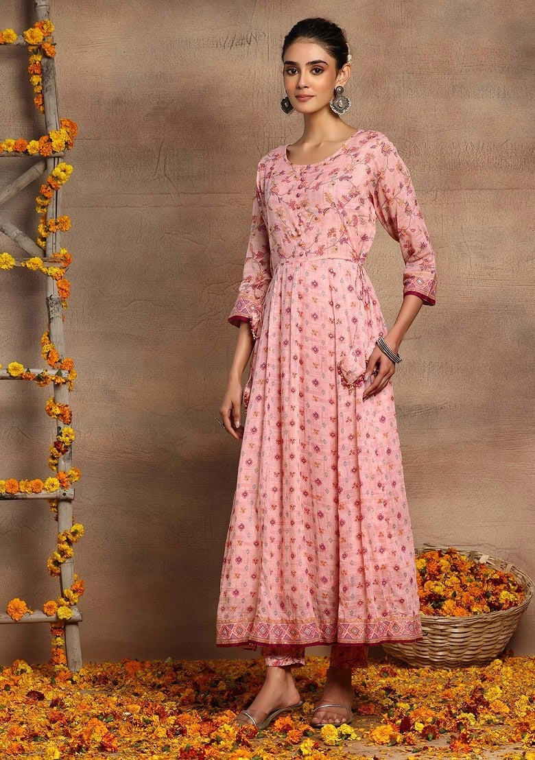 Light Pink Mulmul Anarkali Kurta Set INDYA