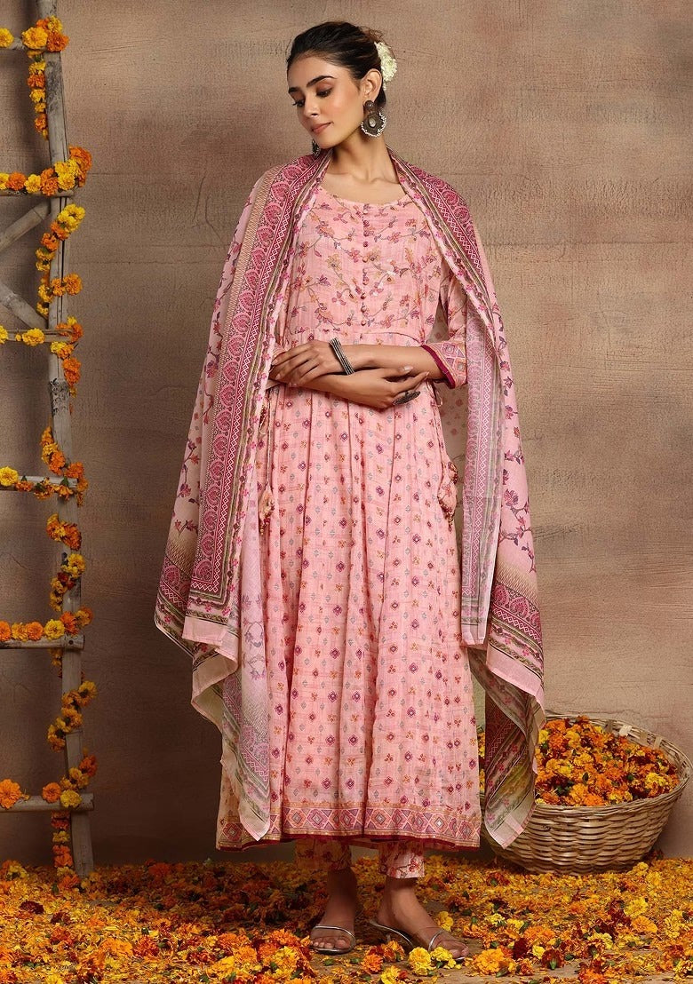 Light Pink Mulmul Anarkali Kurta Set INDYA