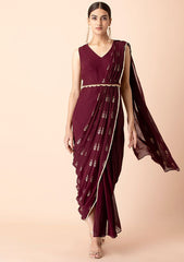 INDYA Wine Foil Pallu Pre-Stitched Saree with Attached Blouse (No Belt), elegant drape with luxurious foil detailing.