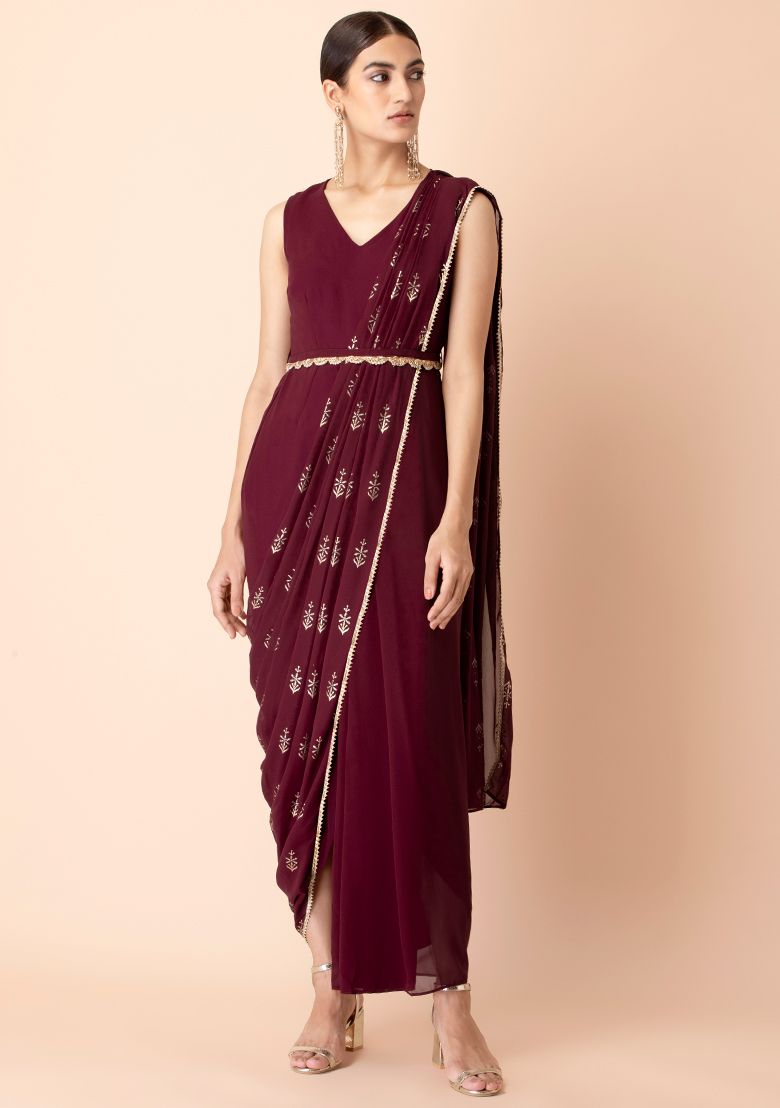Wine Foil Pallu Pre-Stitched Saree with Attached Blouse (NO Belt) INDYA