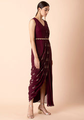 Wine Foil Pallu Pre-Stitched Saree with Attached Blouse (NO Belt) INDYA