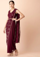 Wine Foil Pallu Pre-Stitched Saree with Attached Blouse (NO Belt) INDYA