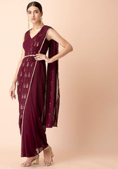 Wine Foil Pallu Pre-Stitched Saree with Attached Blouse (NO Belt) INDYA