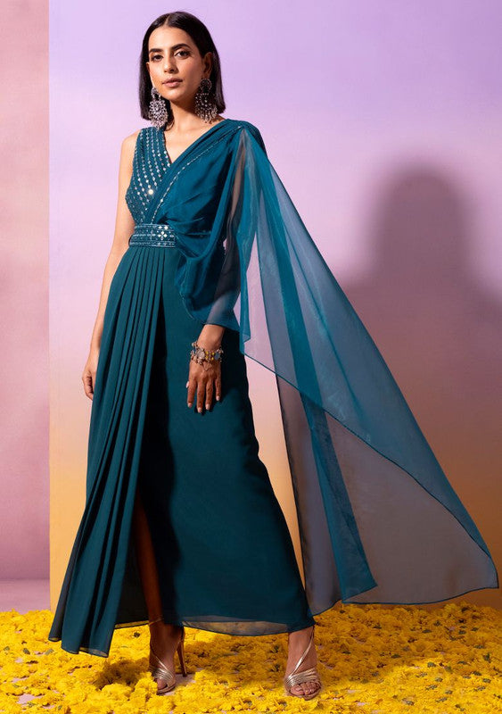 INDYA Teal Ready To Wear Saree With Attached Blouse (No Belt), effortless styling with a rich teal hue.