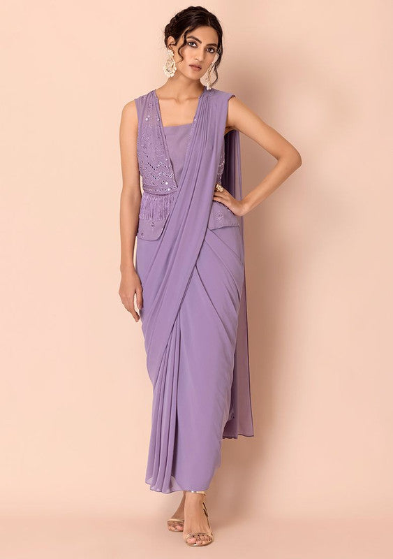 INDYA Lavender Embroidered Peplum Pre-Stitched Saree with Attached Blouse, a modern fusion of ethnic wear.