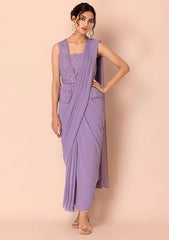 INDYA Lavender Embroidered Peplum Pre-Stitched Saree with Attached Blouse, a modern fusion of ethnic wear.