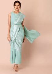 INDYA Sage Silver Pleated Pallu Pre-Stitched Saree with Attached Blouse (No Belt), sophisticated pleated detailing.