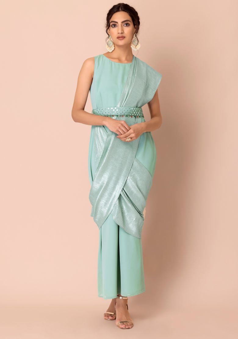 Sage Silver Pleated Pallu Pre-Stitched Saree with Attached Blouse (No Belt) INDYA