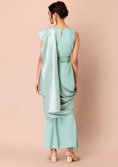 Sage Silver Pleated Pallu Pre-Stitched Saree with Attached Blouse (No Belt) INDYA