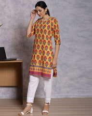 RANGRITI Mustard Floral Straight Kurta for Women - Size 34