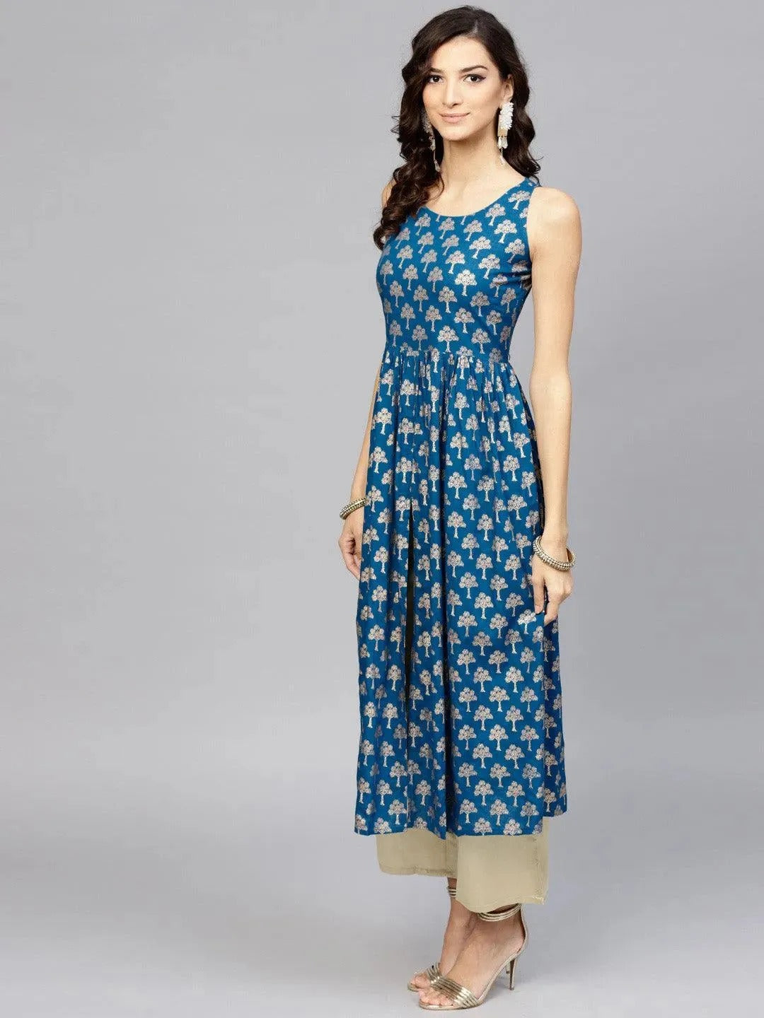 Peacock Blue Printed Cotton A-Line Kurta LIBAS