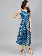 Peacock Blue Printed Cotton A-Line Kurta LIBAS