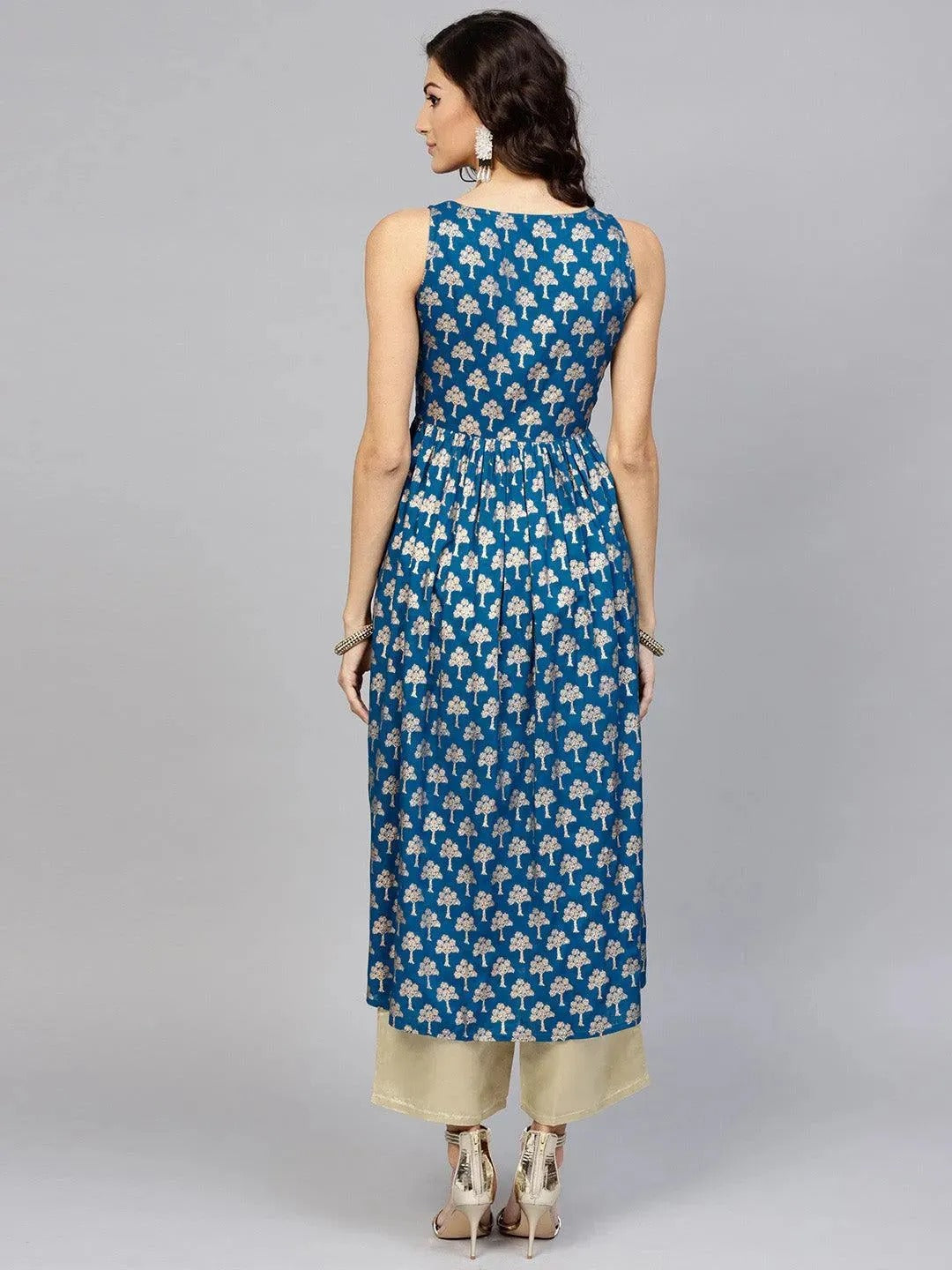 Peacock Blue Printed Cotton A-Line Kurta LIBAS