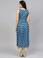 Peacock Blue Printed Cotton A-Line Kurta LIBAS