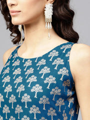 Peacock Blue Printed Cotton A-Line Kurta LIBAS