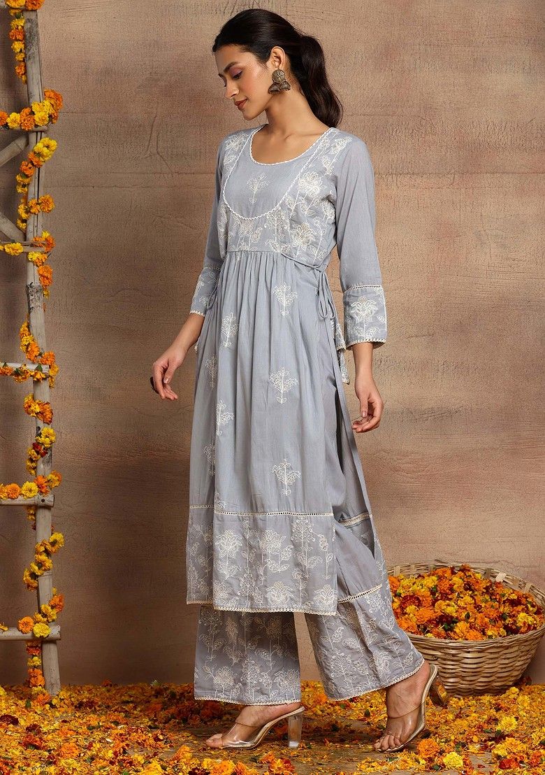 INDYA Grey Embroidered Cotton Kurta and Pants INDYA