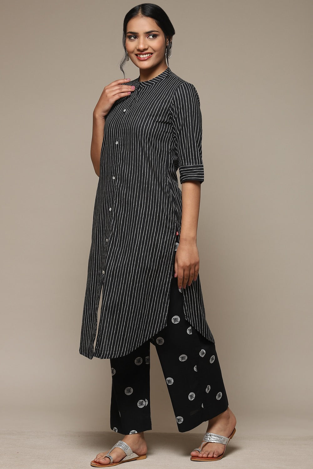Black Cotton Striped Kurta Biba