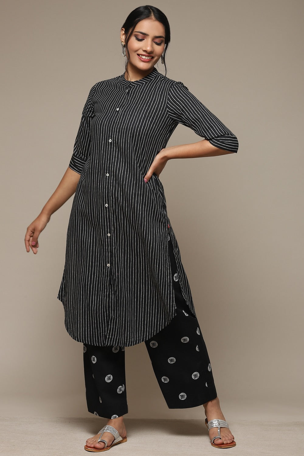Black Cotton Striped Kurta Biba