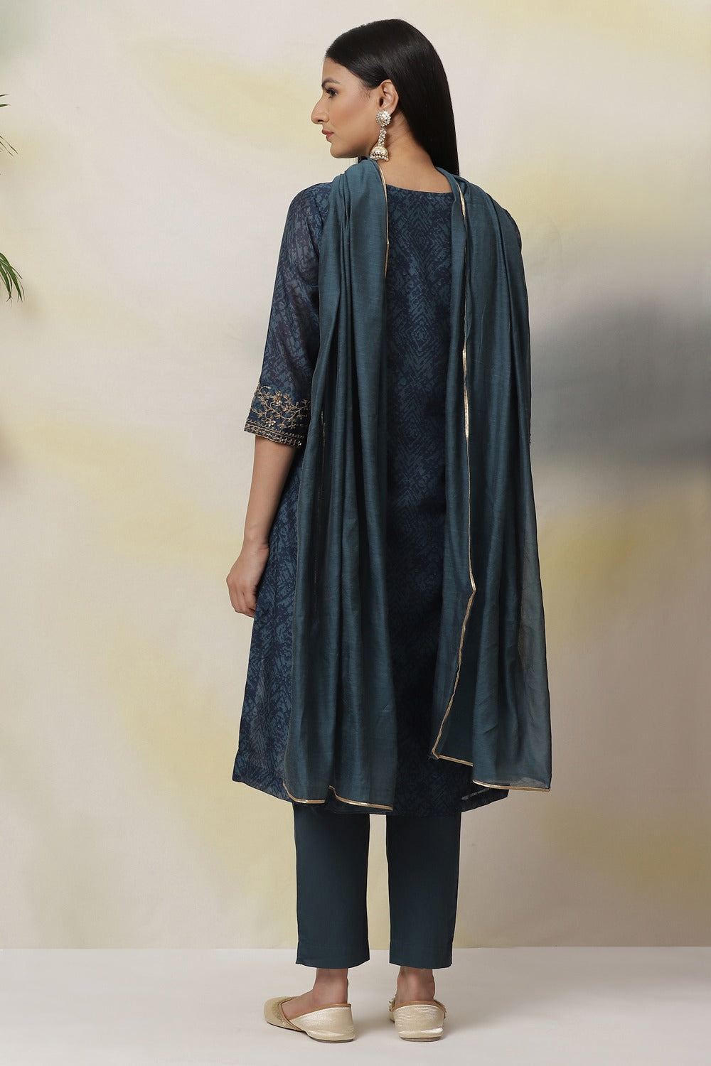 Teal Art Silk Straight Kurta Biba