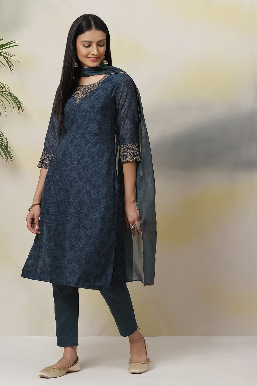 Teal Art Silk Straight Kurta Biba