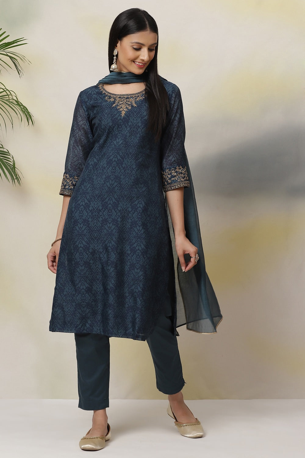 Teal Art Silk Straight Kurta Biba