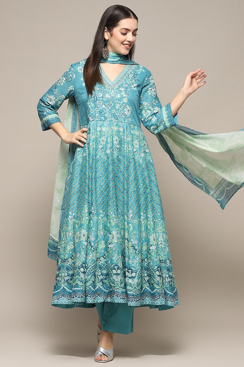 Indigo Cotton Anarkali Suit Set BIBA