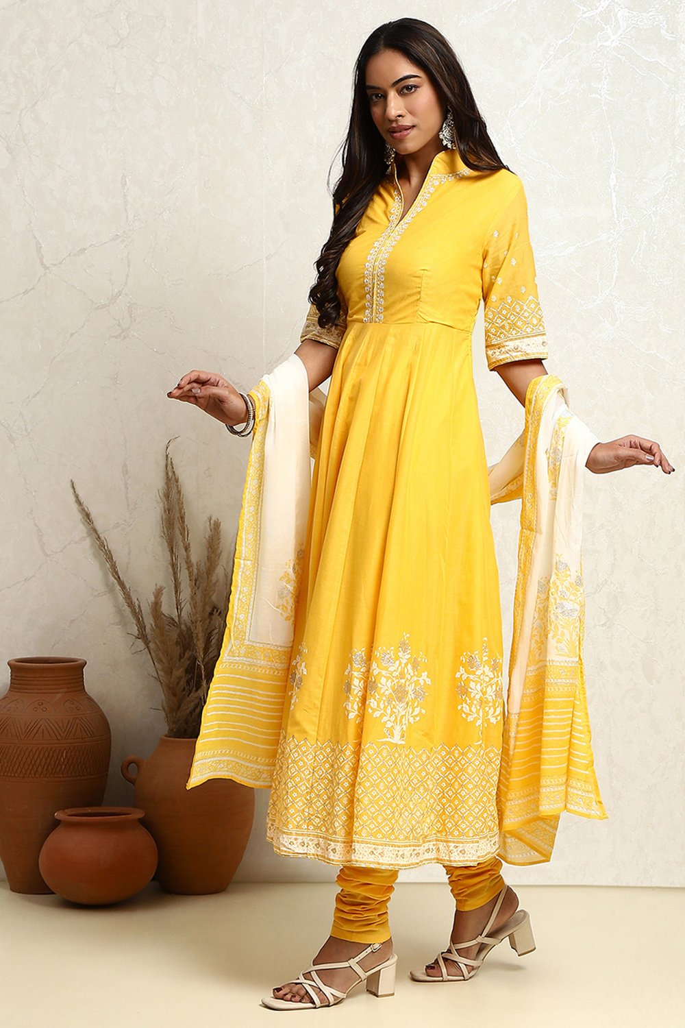 Yellow Blue Printed Cotton Anarkali Suit Set BIBA