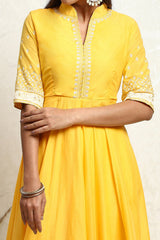 Yellow Blue Printed Cotton Anarkali Suit Set BIBA