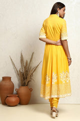 Yellow Blue Printed Cotton Anarkali Suit Set BIBA
