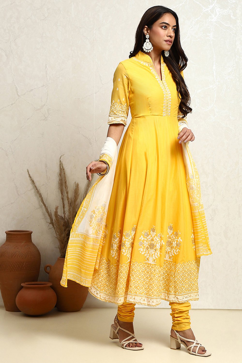 Yellow Blue Printed Cotton Anarkali Suit Set BIBA