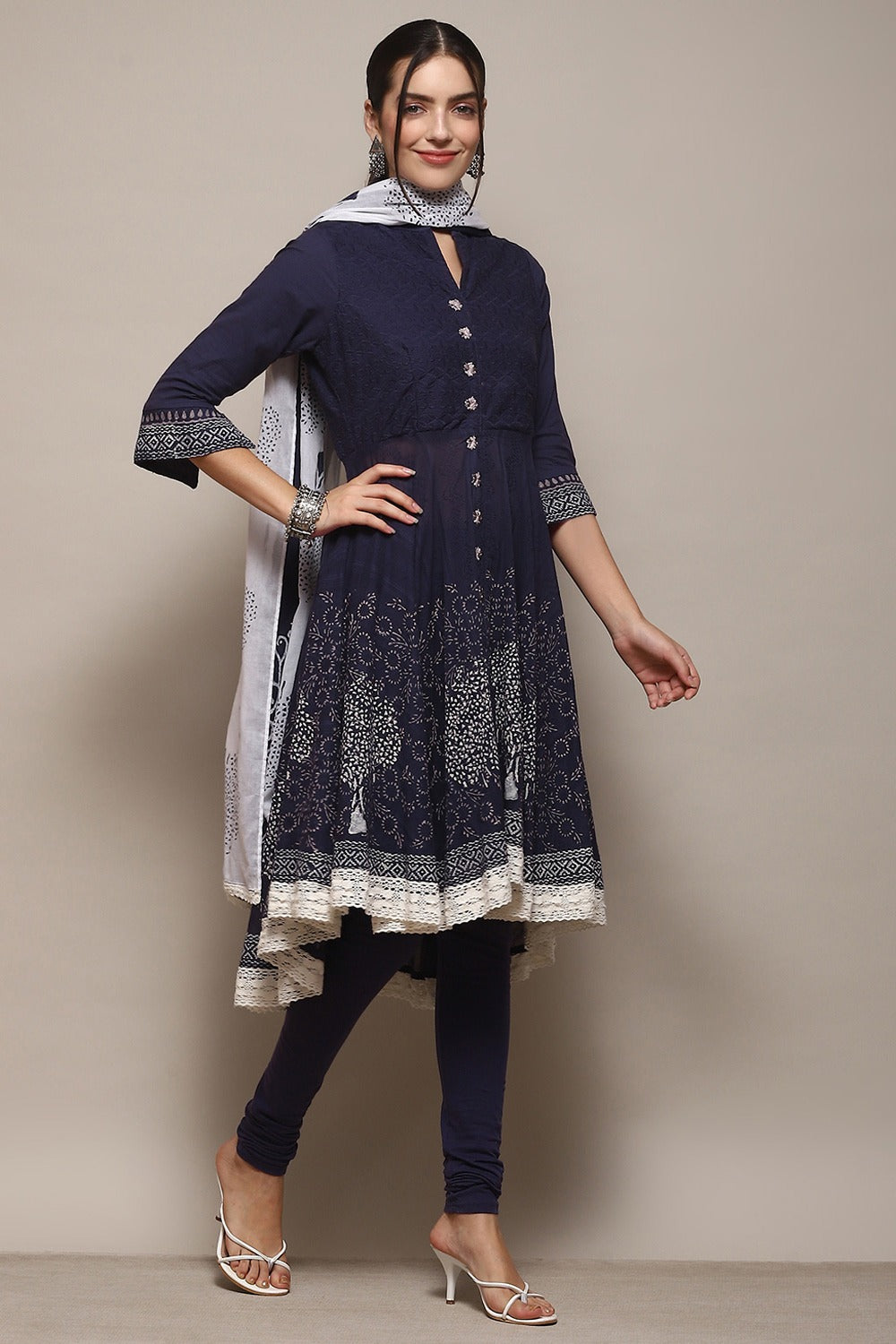 Navy Cotton Anarkali Kurta Churidar Suit Set BIBA