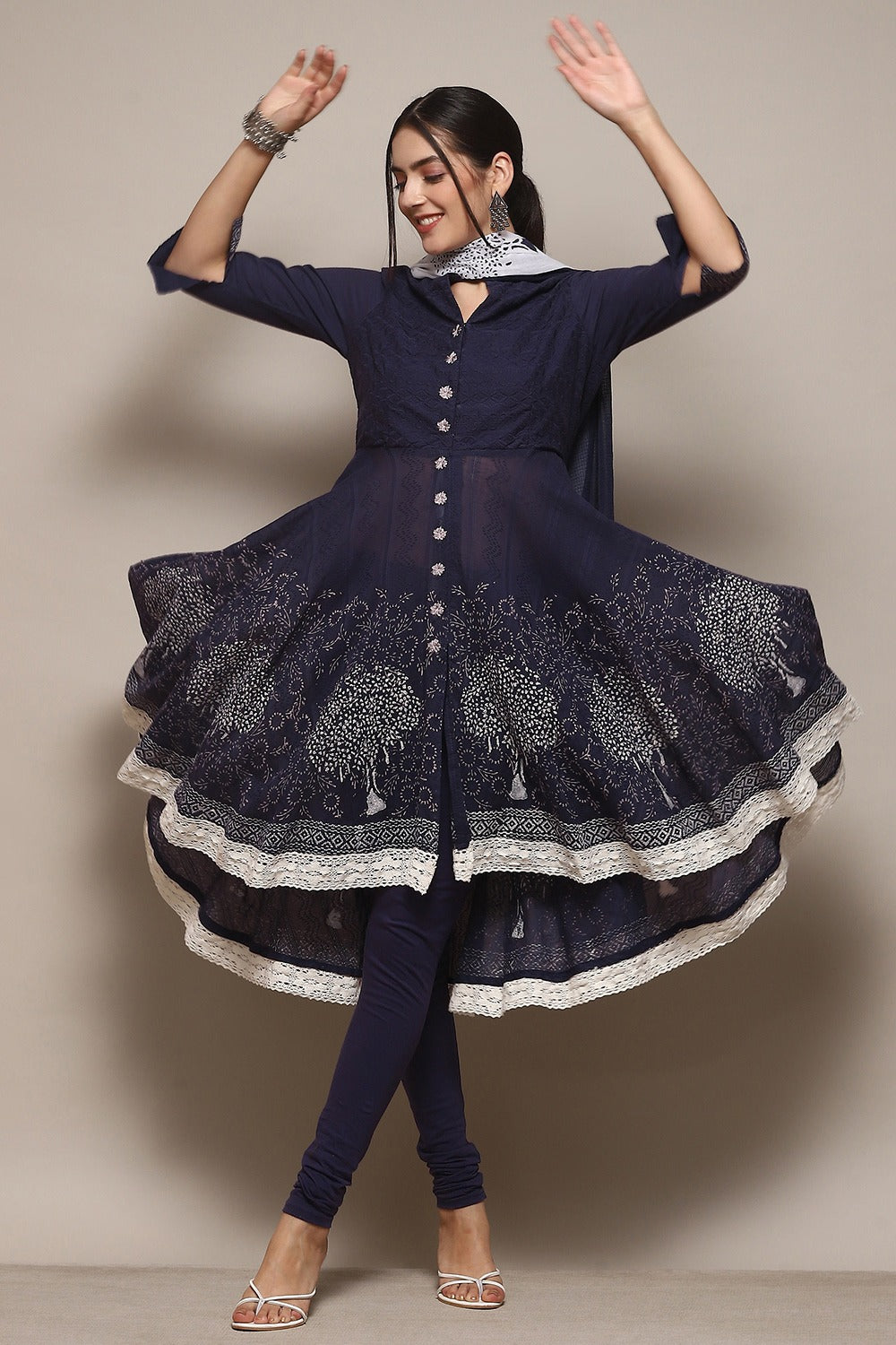 Navy Cotton Anarkali Kurta Churidar Suit Set BIBA