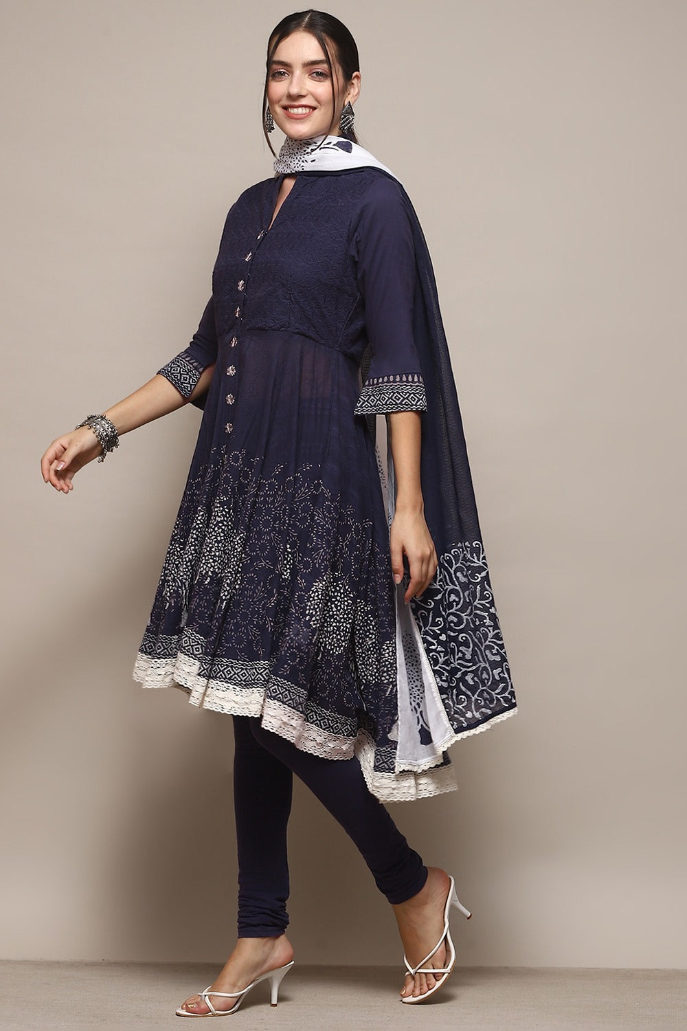 Navy Cotton Anarkali Kurta Churidar Suit Set BIBA