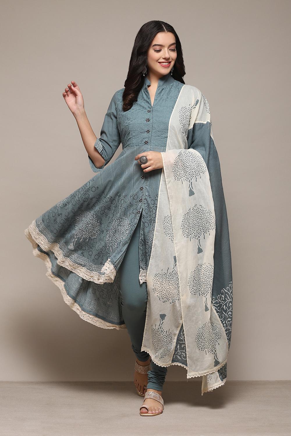 Turquoise Cotton Anarkali Solid Kurta Churidar Suit Set BIBA