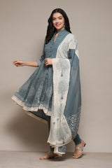 Turquoise Cotton Anarkali Solid Kurta Churidar Suit Set BIBA