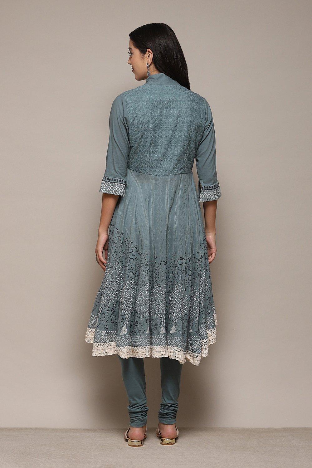 Turquoise Cotton Anarkali Solid Kurta Churidar Suit Set BIBA