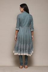 Turquoise Cotton Anarkali Solid Kurta Churidar Suit Set BIBA