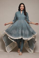 Turquoise Cotton Anarkali Solid Kurta Churidar Suit Set BIBA