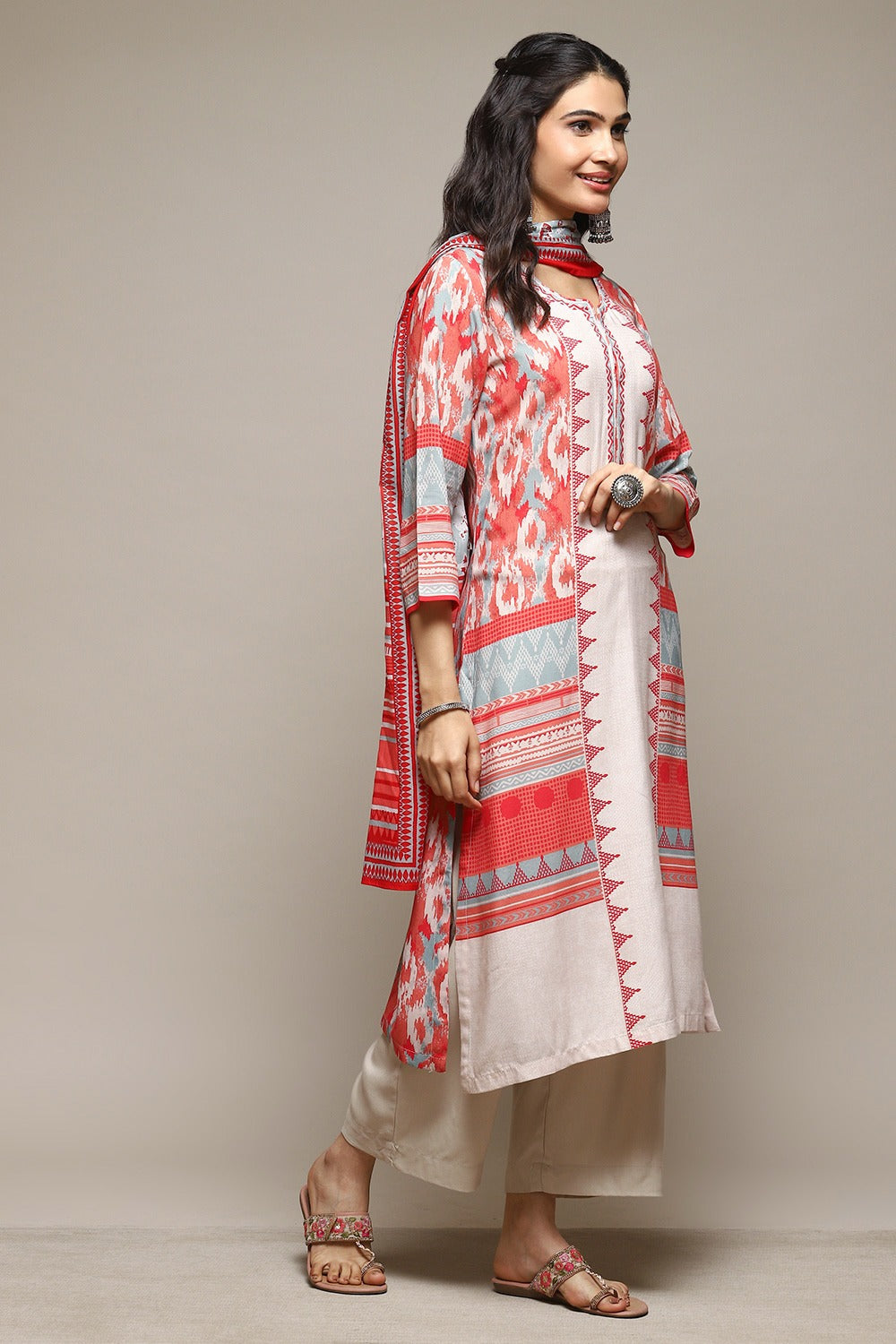 Off-White &amp; Red Printed Rayon Kurta Biba