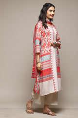 Off-White &amp; Red Printed Rayon Kurta Biba