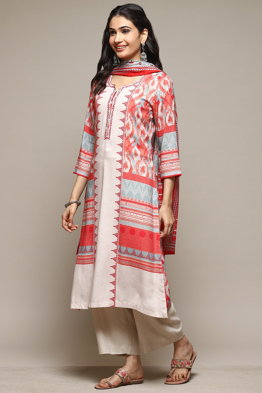Off-White &amp; Red Printed Rayon Kurta Biba