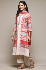 Off-White &amp; Red Printed Rayon Kurta Biba