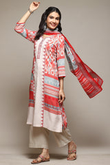 Off-White &amp; Red Printed Rayon Kurta Biba