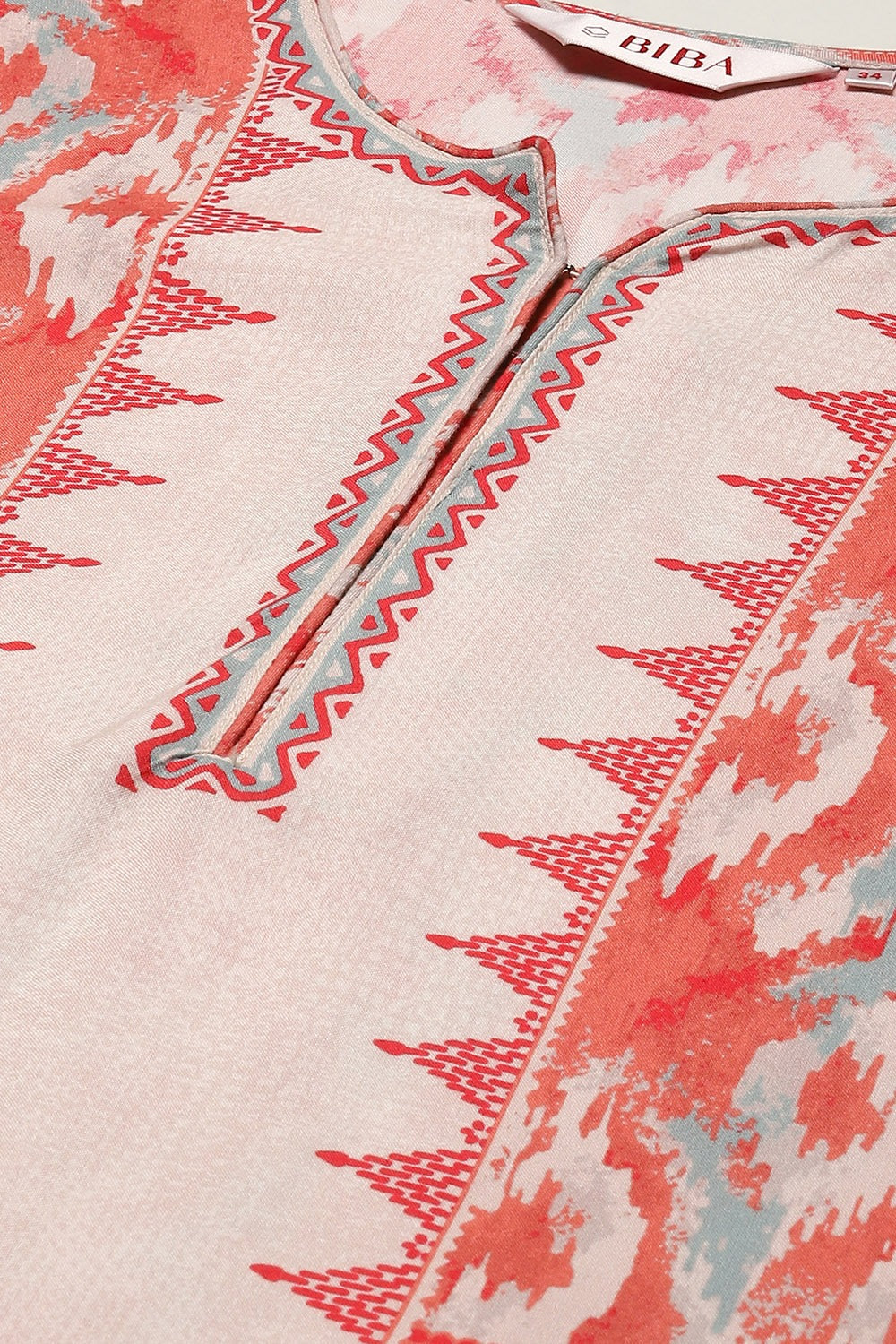 Off-White &amp; Red Printed Rayon Kurta Biba