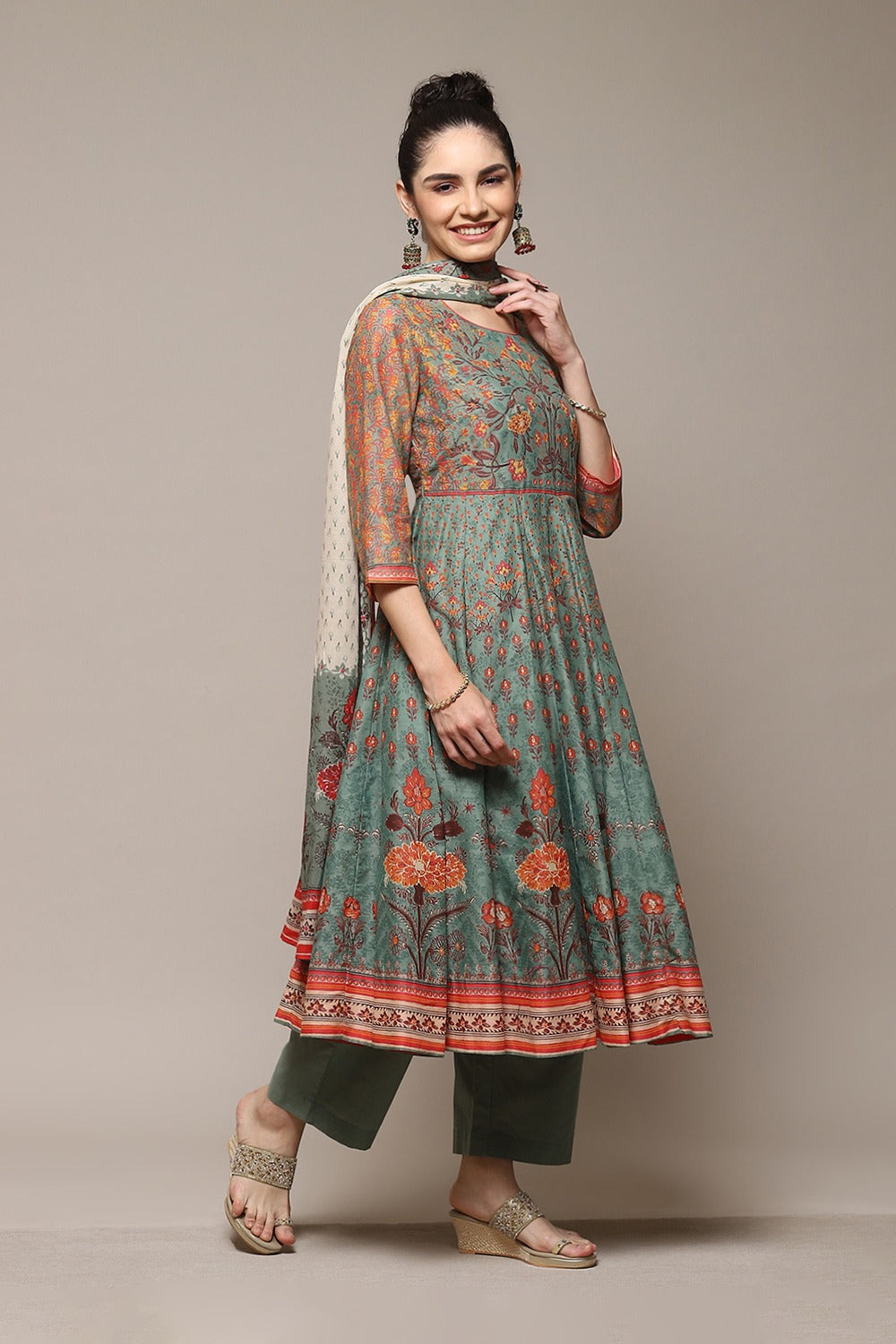 Sage Green Cotton Anarkali Suit Set BIBA