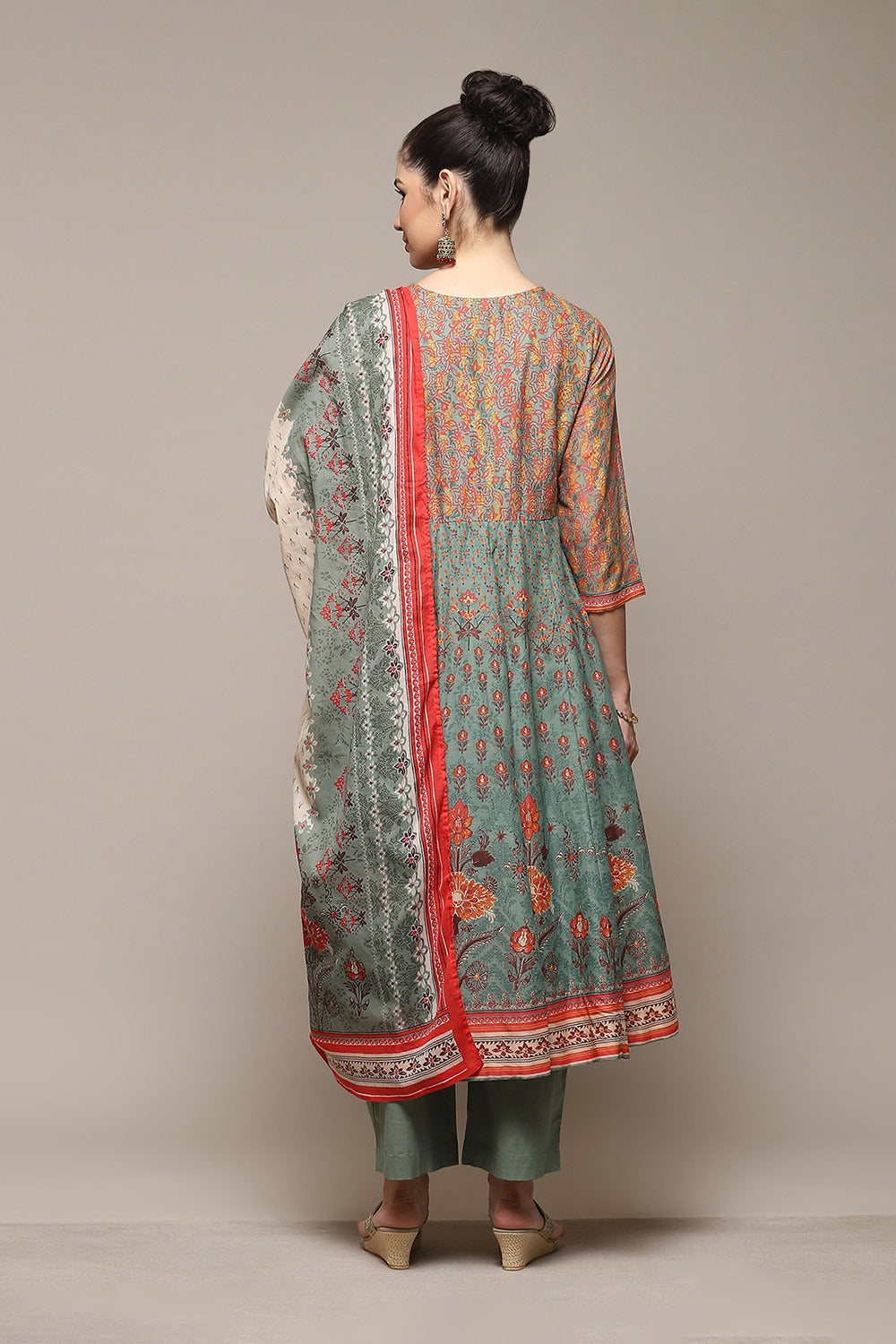 Sage Green Cotton Anarkali Suit Set BIBA