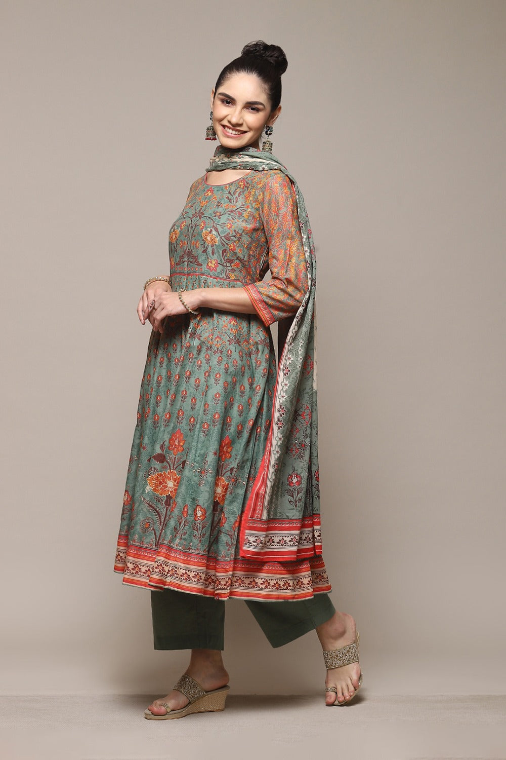Sage Green Cotton Anarkali Suit Set BIBA